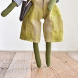 Fern the Frog- Heirloom Wool Doll in  Grey Stripe Blouse, Hay Linen Trousers and Leather Satchel