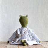 Fern the Frog- Heirloom Wool Doll in Striped Field Dress