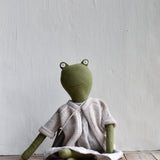 Fern the Frog- Heirloom Wool Doll in Island Cardigan with Flax Linen