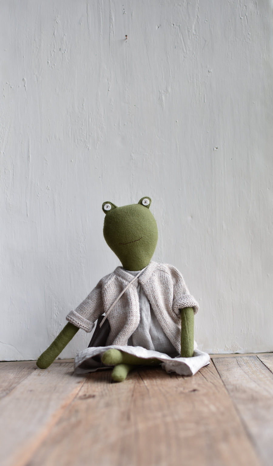 Fern the Frog- Heirloom Wool Doll in Island Cardigan with Flax Linen