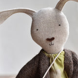Ruthie the Rabbit – Heirloom Wool Doll in Chestnut Island Cardigan & Hay Linen Plaid Dress
