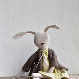 Ruthie the Rabbit – Heirloom Wool Doll in Chestnut Island Cardigan & Hay Linen Plaid Dress