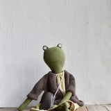 Fern the Frog heirloom wool doll in island cardigan and hay linen dress handmade in maine stuffed frog toy 18 inches 