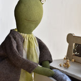 Fern the Frog- Heirloom Wool Doll in Island Cardigan and Hay Linen Dress