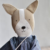 Fig the Frenchie –Heirloom Wool Doll in Indigo Stripe Dress