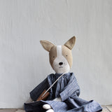Fig the Frenchie –Heirloom Wool Doll in Indigo Stripe Dress