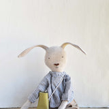 Ruthie the Rabbit— Heirloom Wool Doll in Stripe Shirt, Wide Leg Poplin Pants & Errand Bag