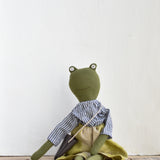 Fern the Frog- Heirloom Wool Doll in  Grey Stripe Blouse, Hay Linen Trousers and Leather Satchel