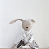 Ruthie the Rabbit – Heirloom Wool Doll in Salt silk blouse with wide leg flax linen trouser