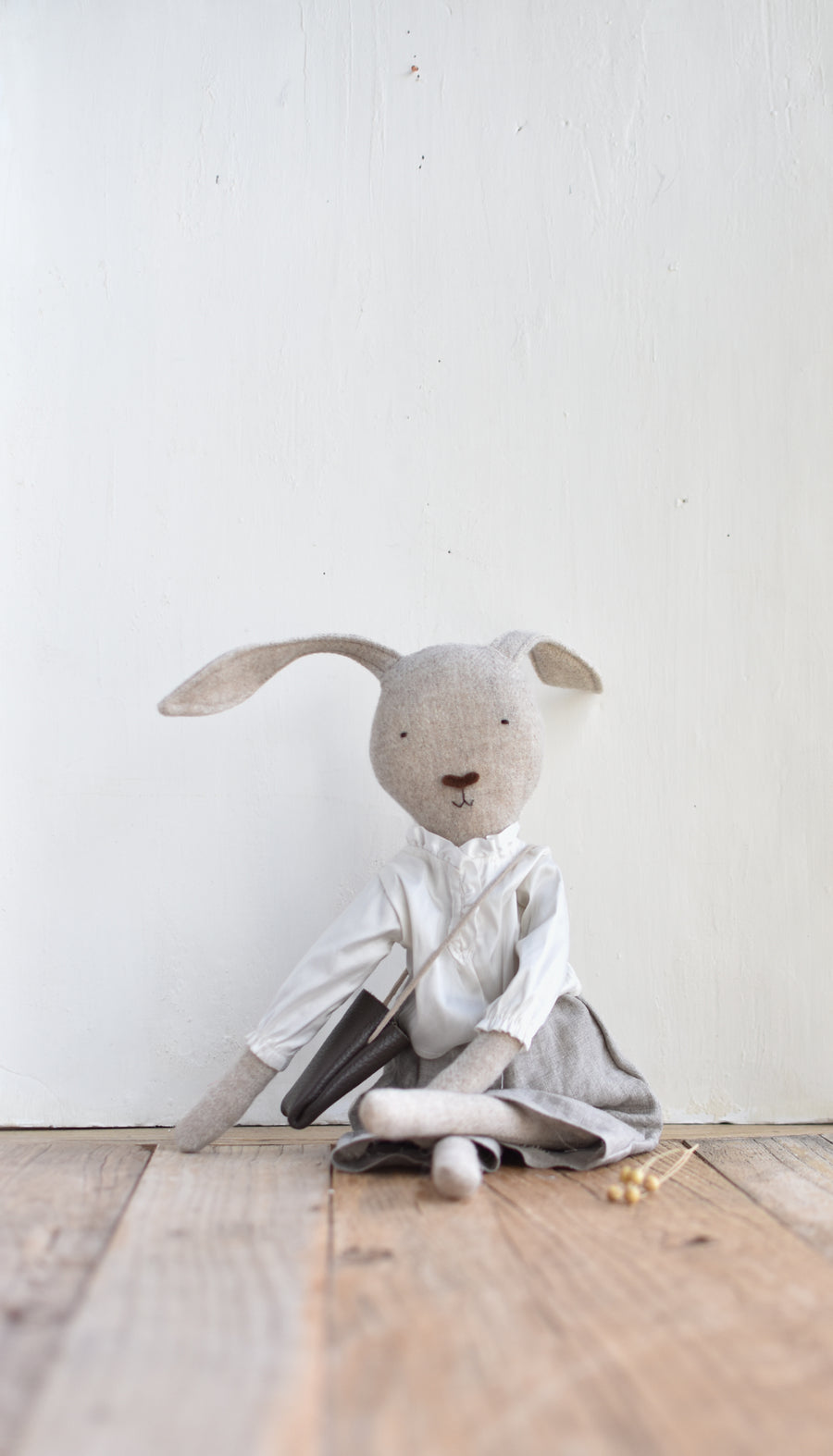 Ruthie the Rabbit – Heirloom Wool Doll in Salt silk blouse with wide leg flax linen trouser