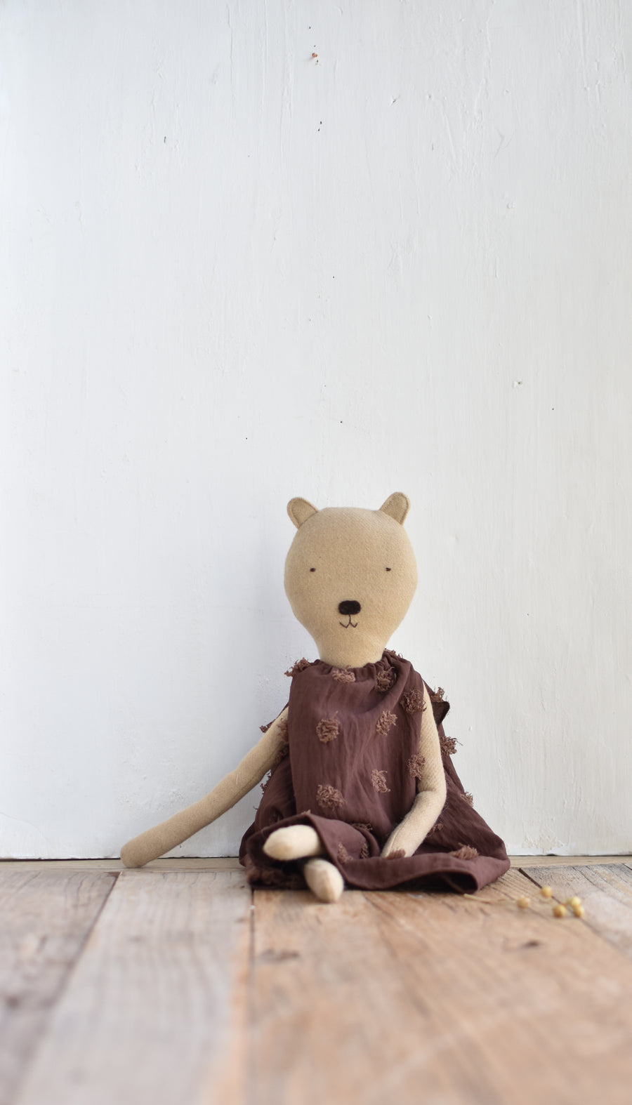 Agatha the Bear – Heirloom Wool Doll in Plum Dot Dress