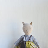 Mae the Cat - Heirloom Wool Doll in Stripe Shirt, Hay Linen Trousers & Earth Errand Bag