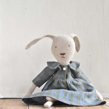 Ruthie the Rabbit – Heirloom Wool Doll in Field Plaid Linen Dress