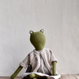 Fern the Frog- Heirloom Wool Doll in Island Cardigan with Flax Linen