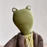 Fern the Frog- Heirloom Wool Doll in Island Cardigan and Hay Linen Dress