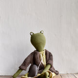 Fern the Frog- Heirloom Wool Doll in Island Cardigan and Hay Linen Dress