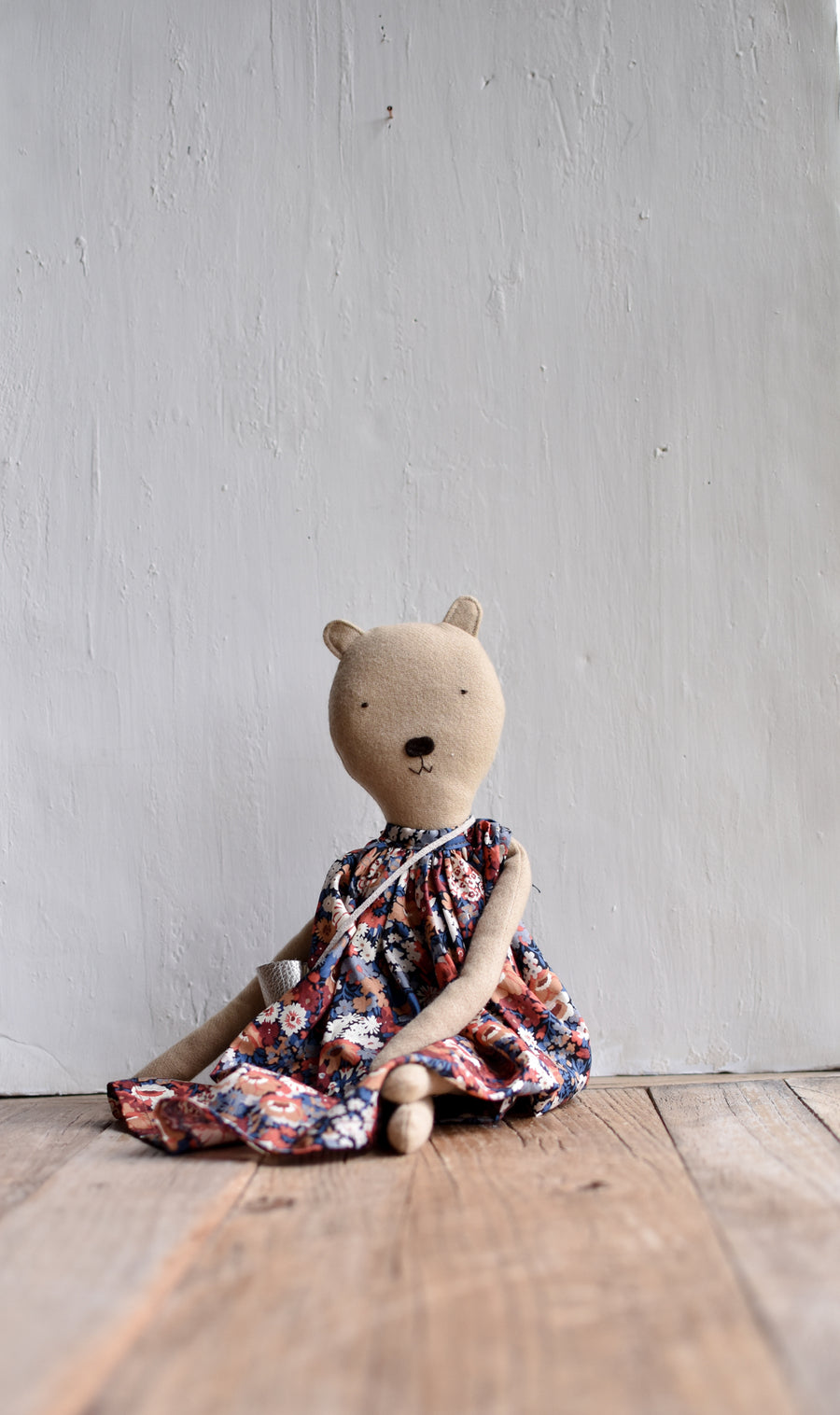 Agatha the Bear  — Heirloom Wool Doll in Liberty Floral Dress