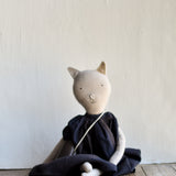 Mae the Cat – Heirloom Wool Doll in Islesboro Plaid Linen dress