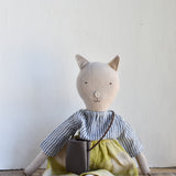 Mae the Cat - Heirloom Wool Doll in Stripe Shirt, Hay Linen Trousers & Earth Errand Bag