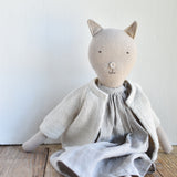 Mae the Cat - Heirloom Wool Doll in Flax Linen Dress & Natural Alpaca Knit Cardigan