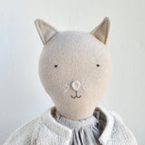 Mae the Cat - Heirloom Wool Doll in Flax Linen Dress & Natural Alpaca Knit Cardigan